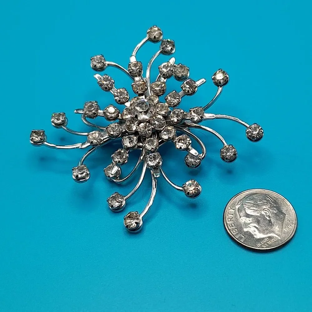 Vintage Rhinestone Starburst Brooch Silver Tone Bridal Pin 2.5”
